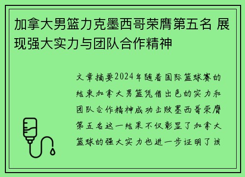 加拿大男篮力克墨西哥荣膺第五名 展现强大实力与团队合作精神