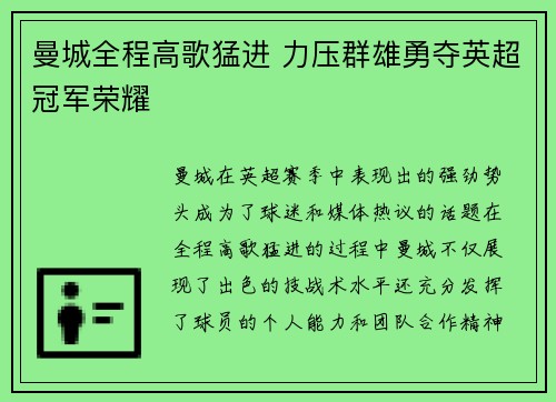 曼城全程高歌猛进 力压群雄勇夺英超冠军荣耀