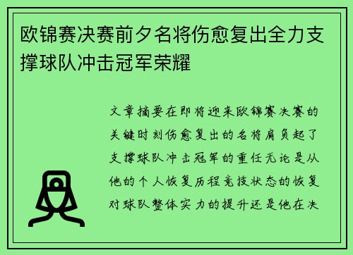 欧锦赛决赛前夕名将伤愈复出全力支撑球队冲击冠军荣耀