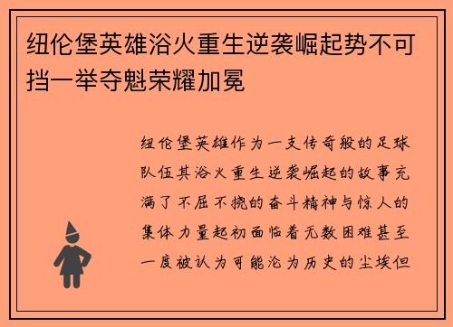 纽伦堡英雄浴火重生逆袭崛起势不可挡一举夺魁荣耀加冕