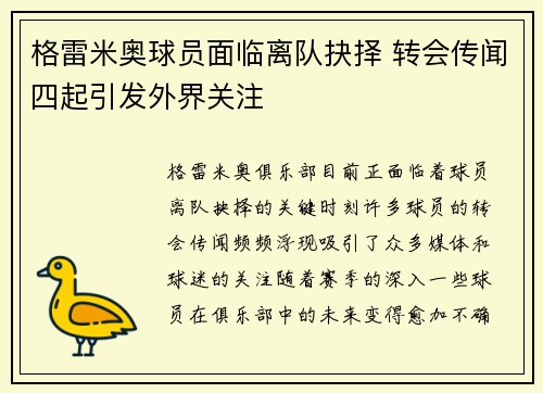 格雷米奥球员面临离队抉择 转会传闻四起引发外界关注