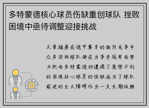 多特蒙德核心球员伤缺重创球队 挫败困境中亟待调整迎接挑战