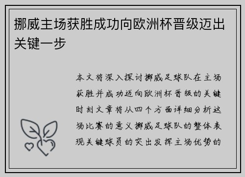 挪威主场获胜成功向欧洲杯晋级迈出关键一步