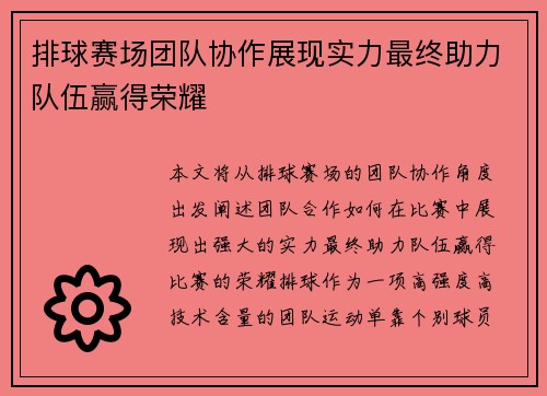排球赛场团队协作展现实力最终助力队伍赢得荣耀