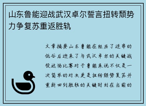 山东鲁能迎战武汉卓尔誓言扭转颓势力争复苏重返胜轨
