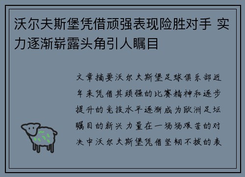 沃尔夫斯堡凭借顽强表现险胜对手 实力逐渐崭露头角引人瞩目
