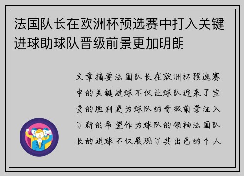 法国队长在欧洲杯预选赛中打入关键进球助球队晋级前景更加明朗