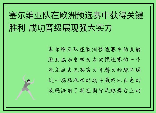 塞尔维亚队在欧洲预选赛中获得关键胜利 成功晋级展现强大实力