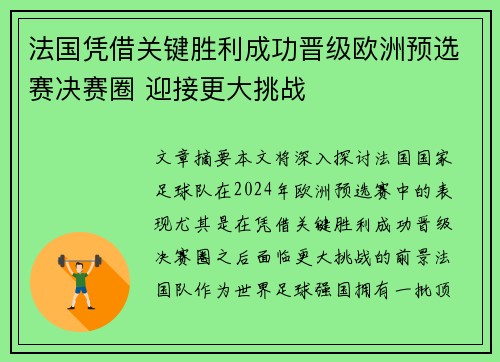法国凭借关键胜利成功晋级欧洲预选赛决赛圈 迎接更大挑战