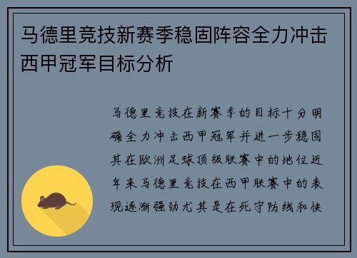 马德里竞技新赛季稳固阵容全力冲击西甲冠军目标分析