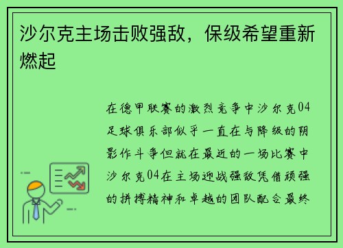 沙尔克主场击败强敌，保级希望重新燃起