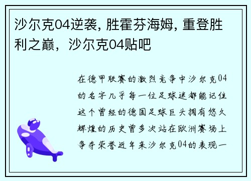 沙尔克04逆袭, 胜霍芬海姆, 重登胜利之巅，沙尔克04贴吧