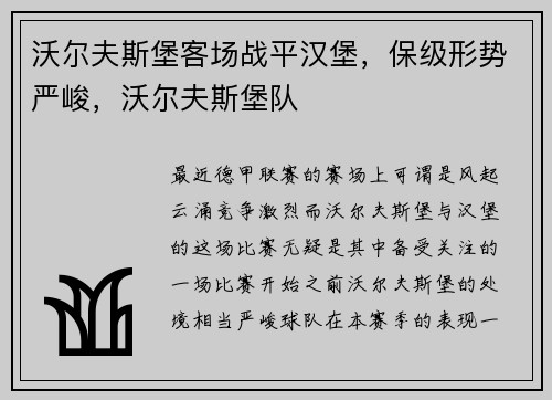 沃尔夫斯堡客场战平汉堡，保级形势严峻，沃尔夫斯堡队