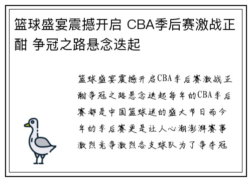 篮球盛宴震撼开启 CBA季后赛激战正酣 争冠之路悬念迭起