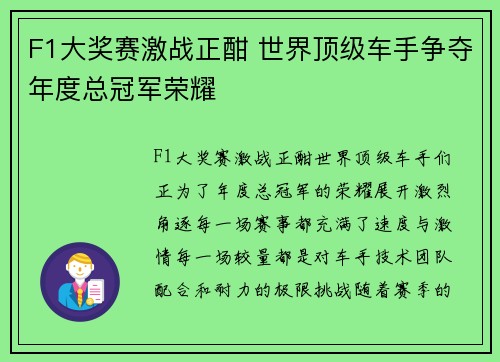 F1大奖赛激战正酣 世界顶级车手争夺年度总冠军荣耀