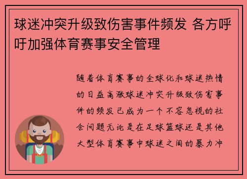 球迷冲突升级致伤害事件频发 各方呼吁加强体育赛事安全管理
