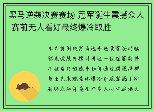 黑马逆袭决赛赛场 冠军诞生震撼众人 赛前无人看好最终爆冷取胜