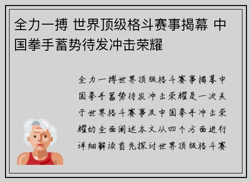 全力一搏 世界顶级格斗赛事揭幕 中国拳手蓄势待发冲击荣耀