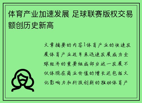 体育产业加速发展 足球联赛版权交易额创历史新高